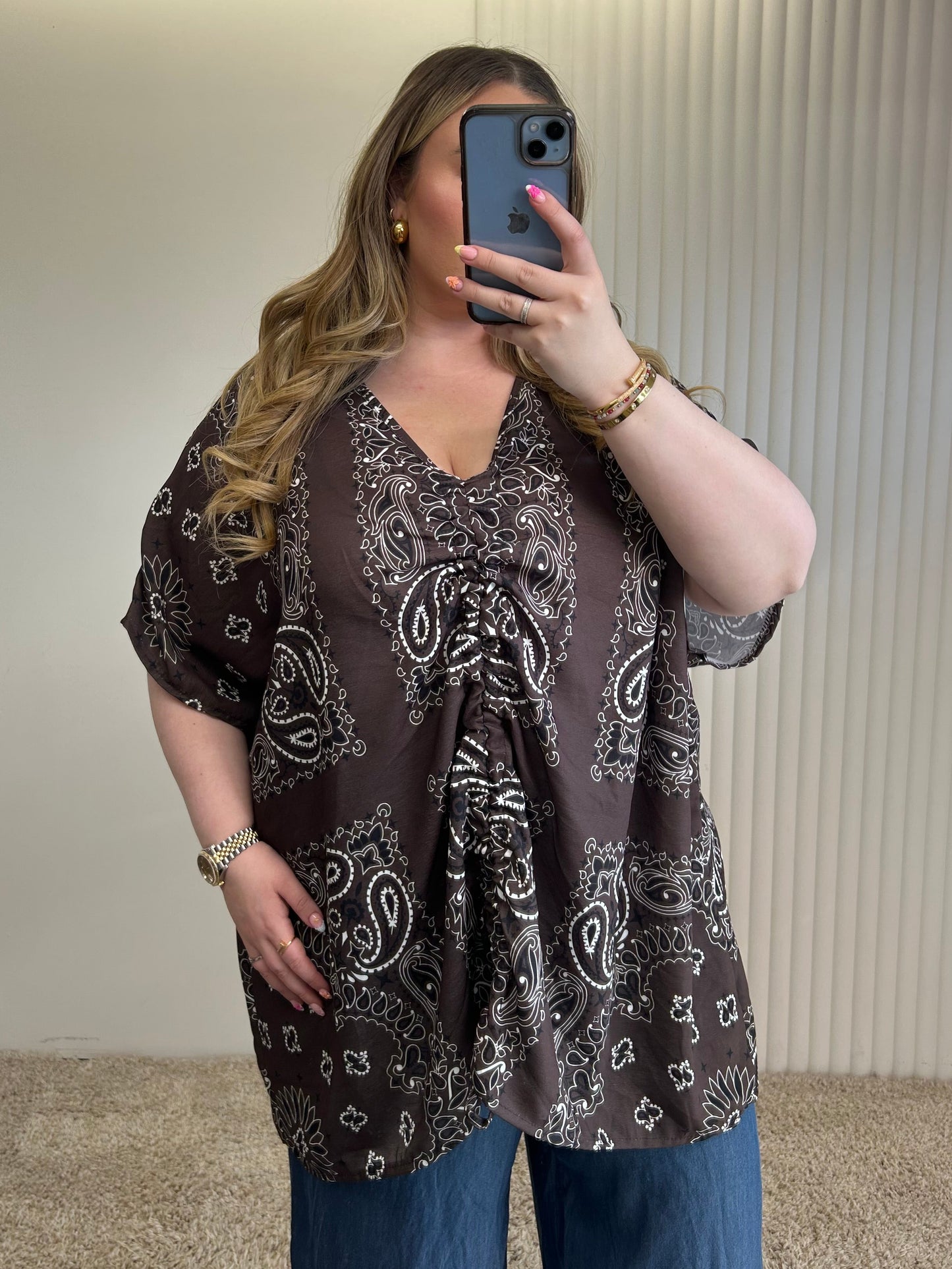 Ruched Front Paisley Print Oversized Blouse