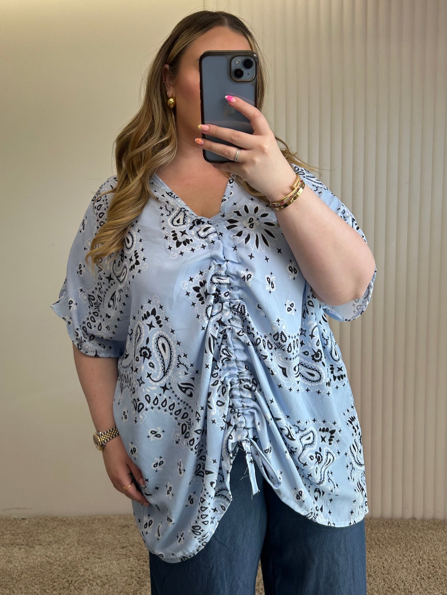 Ruched Front Paisley Print Oversized Blouse