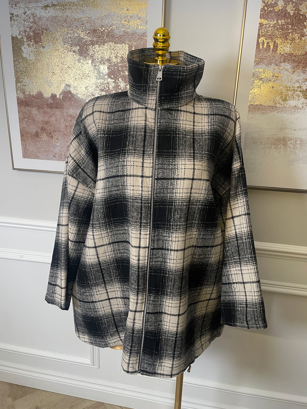 Oversized Check Zip-Up Jacket with Pockets - One Size UK10-20 THICC FASHIONS PLUS SIZE CURVE