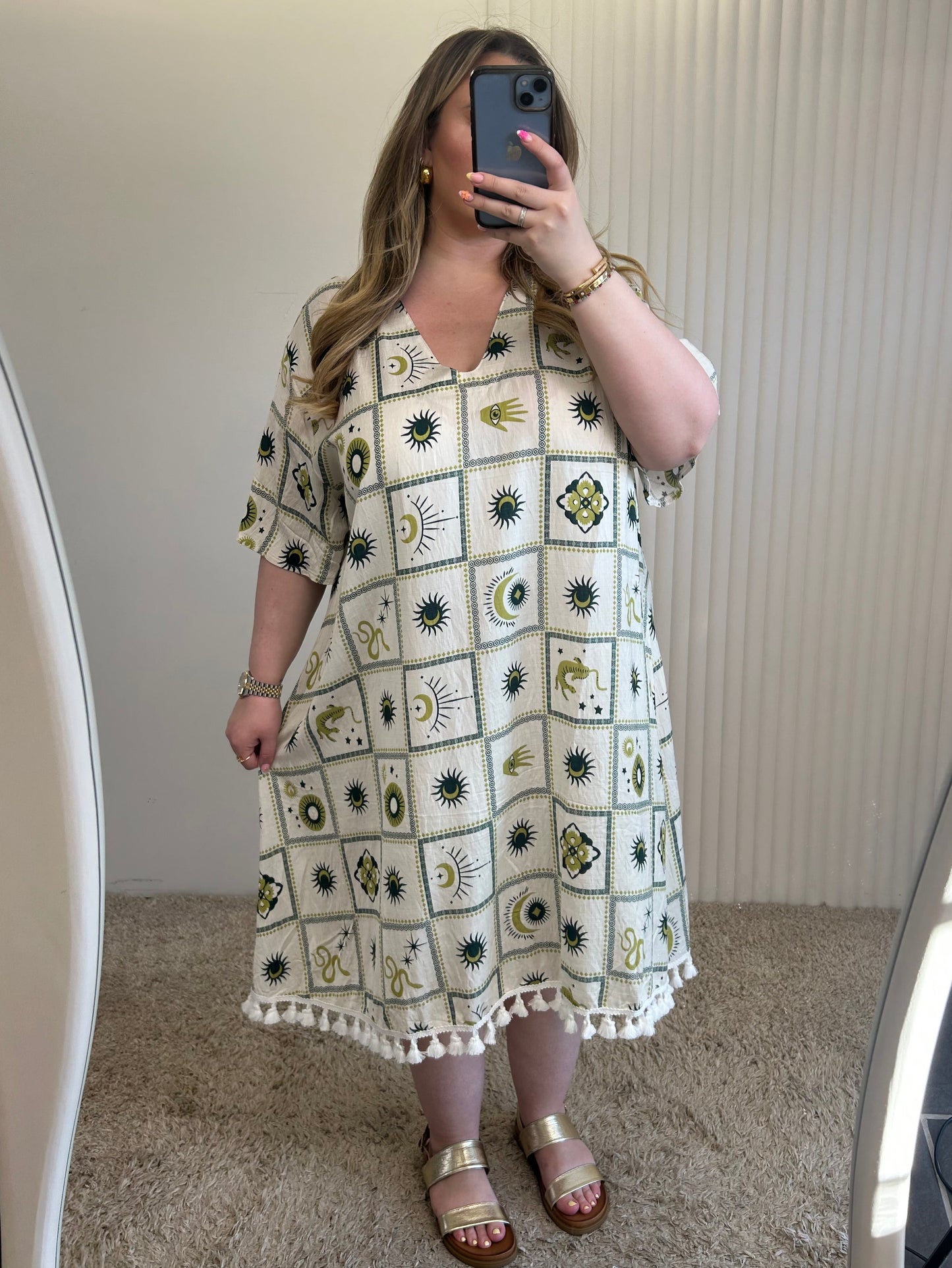 Mystic Print Tassel Hem Midi Dress