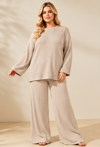 Ribbed 2 Piece Lounge Set – Wide Leg Trousers & Oversized Top | One Size UK10-24 Stretch Co-Ord Set THICC FASHIONS Curve Plus Size women’s