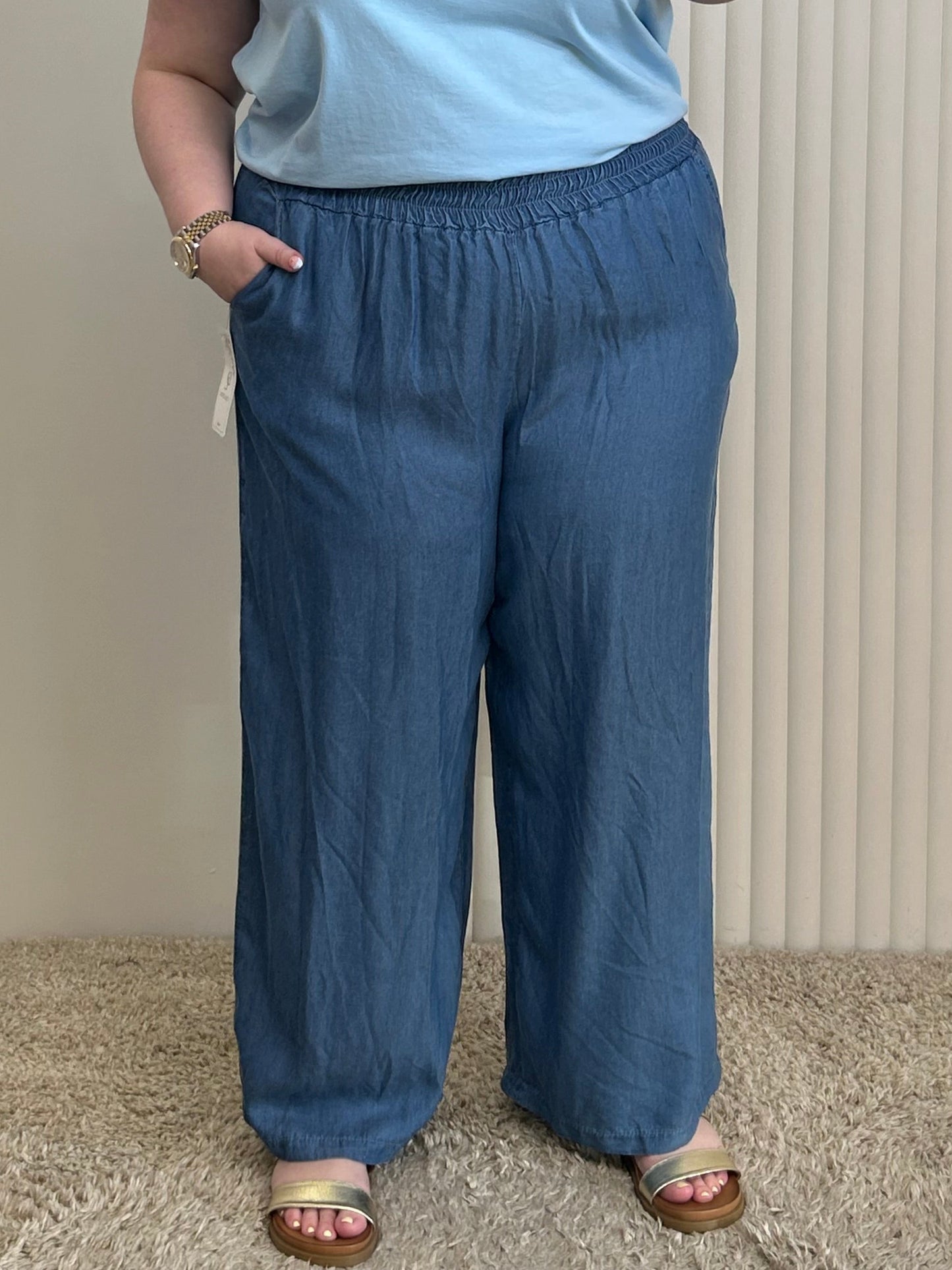 Lightweight Chambray Wide Leg Trousers