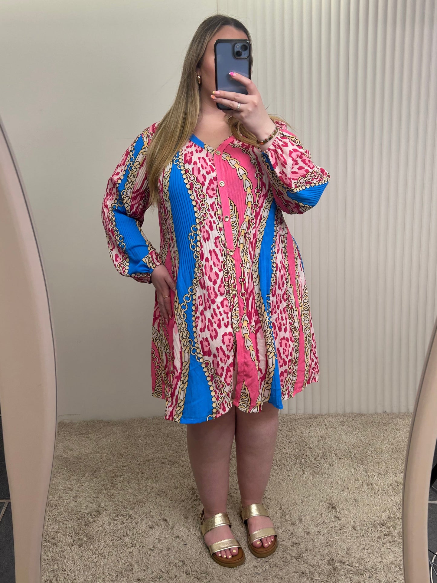 Pleated Print Tunic Shirt Dress – Relaxed Fit Button Front