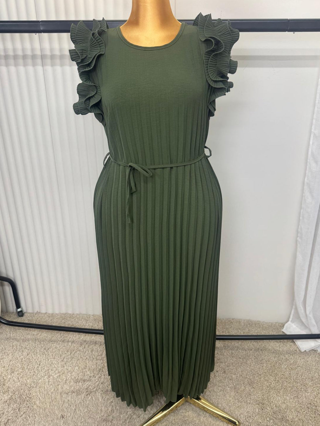 Pleated Frill Sleeve Belted Maxi Dress – One Size (UK 10–22)