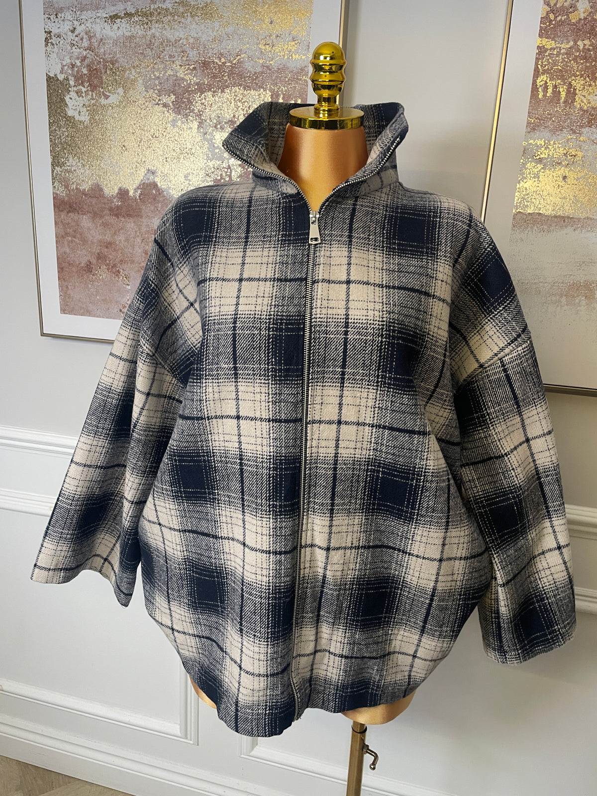 Oversized Check Zip-Up Jacket with Pockets - One Size UK10-20 THICC FASHIONS PLUS SIZE CURVE