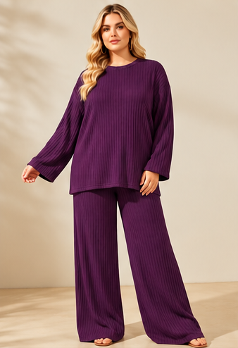 Ribbed 2 Piece Lounge Set – Wide Leg Trousers & Oversized Top | One Size UK10-24 Stretch Co-Ord Set THICC FASHIONS Curve Plus Size women’s