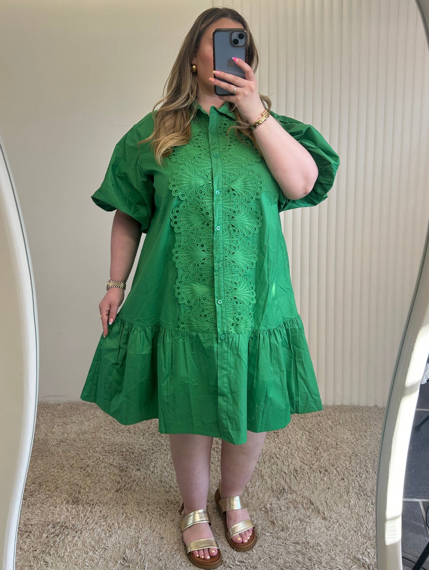 Eyelet Embroided Puff Sleeve Smock Dress