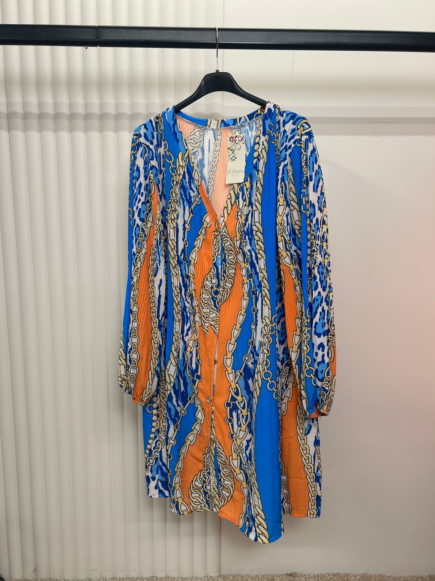 Pleated Print Tunic Shirt Dress – Relaxed Fit Button Front