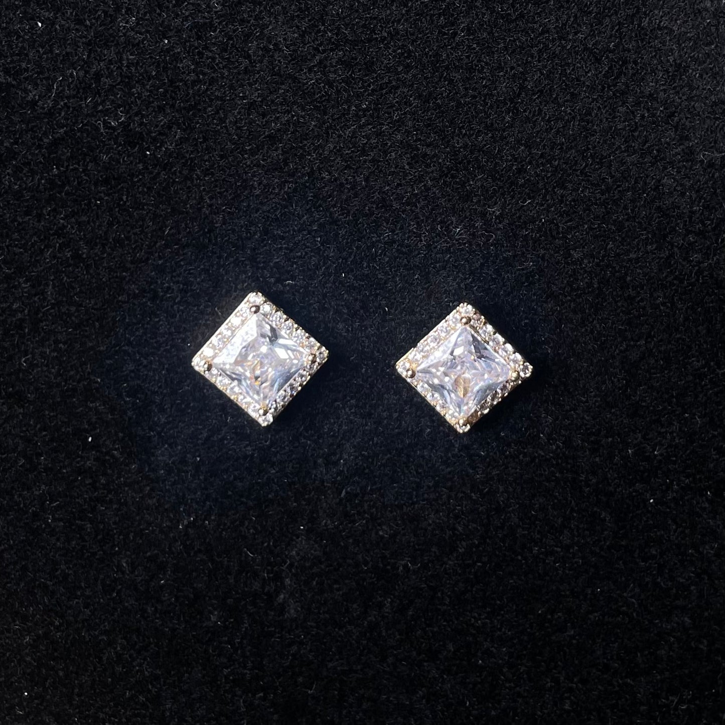 Princess Cut Halo Stud Earrings – Sparkling Crystal Square Studs