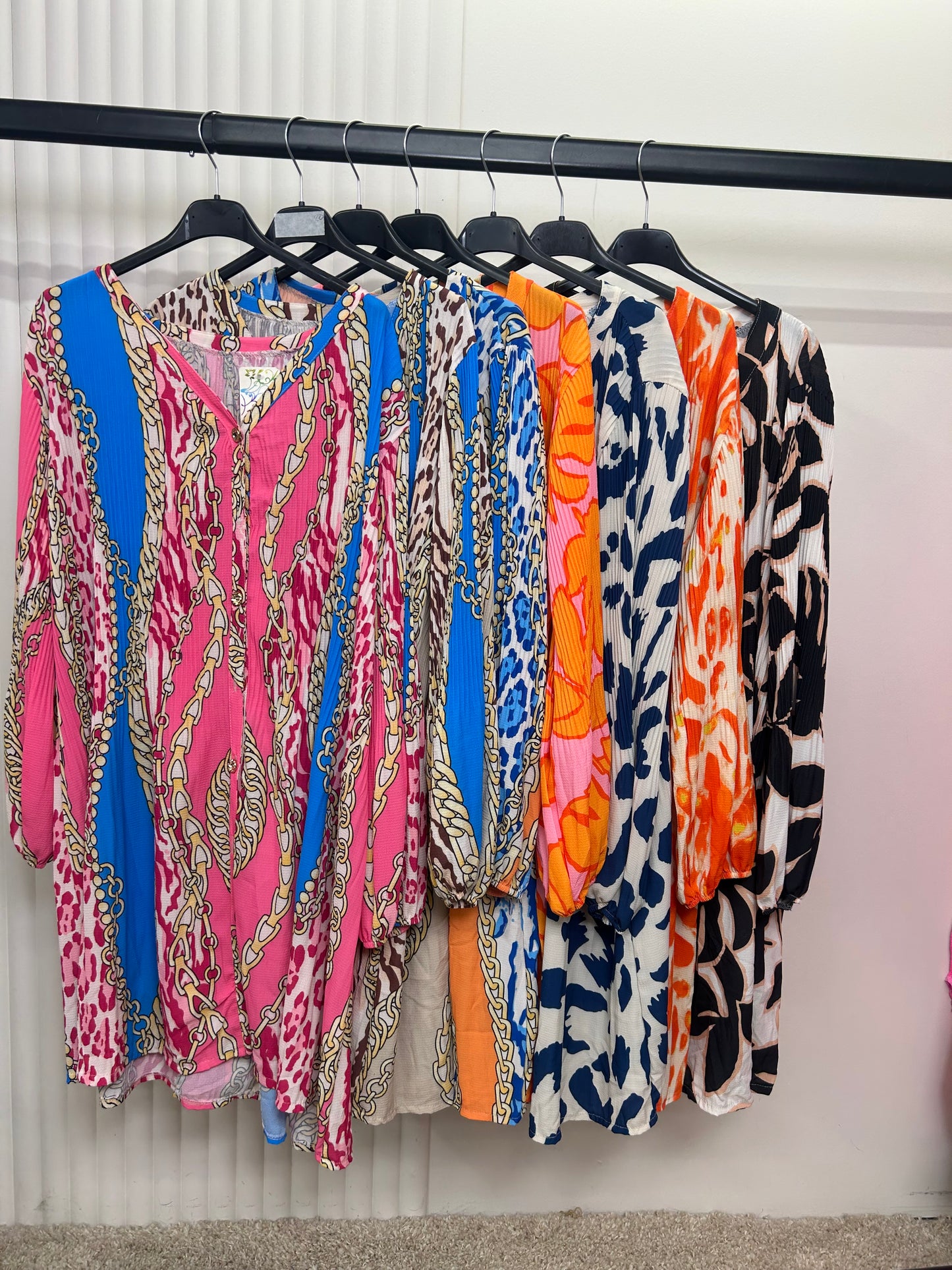 Pleated Print Tunic Shirt Dress – Relaxed Fit Button Front