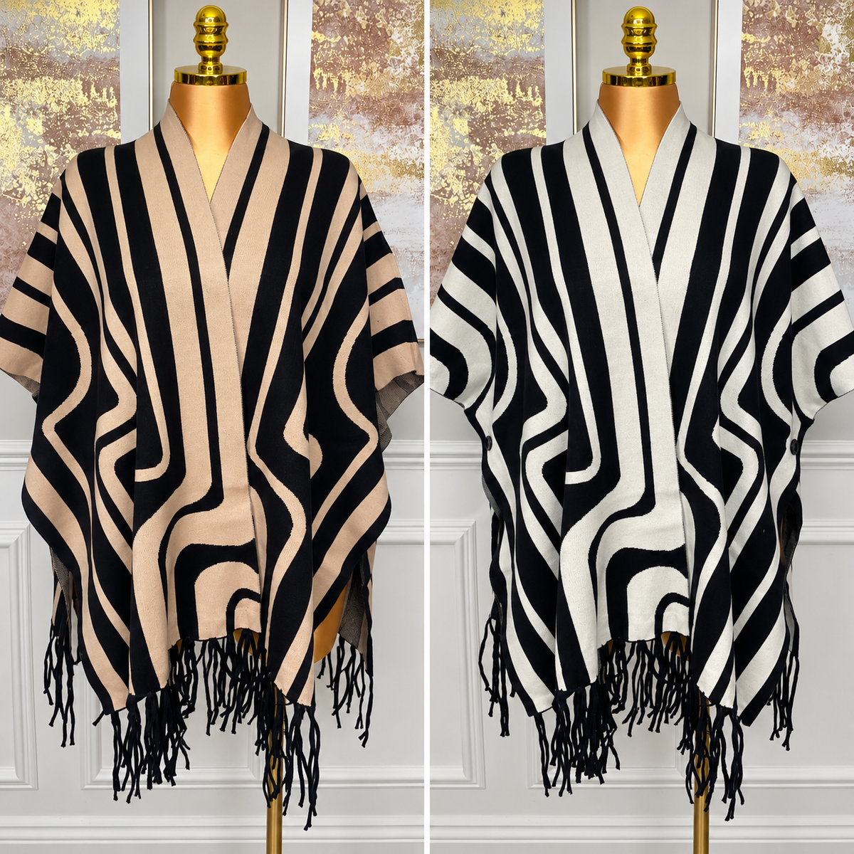 Abstract Stripe Fringed Knit Poncho – One Size