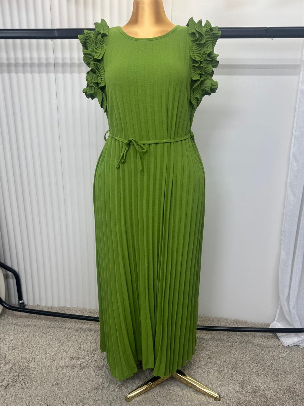 Pleated Frill Sleeve Belted Maxi Dress – One Size (UK 10–22)