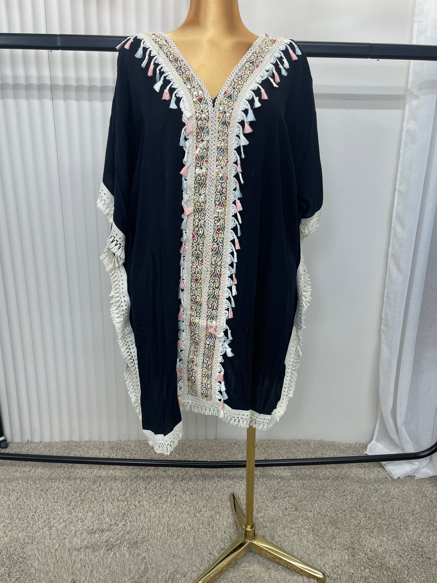 Boho Midi Tassel Trim Embroidered Kaftan Cover Up – One Size (UK 10–24)