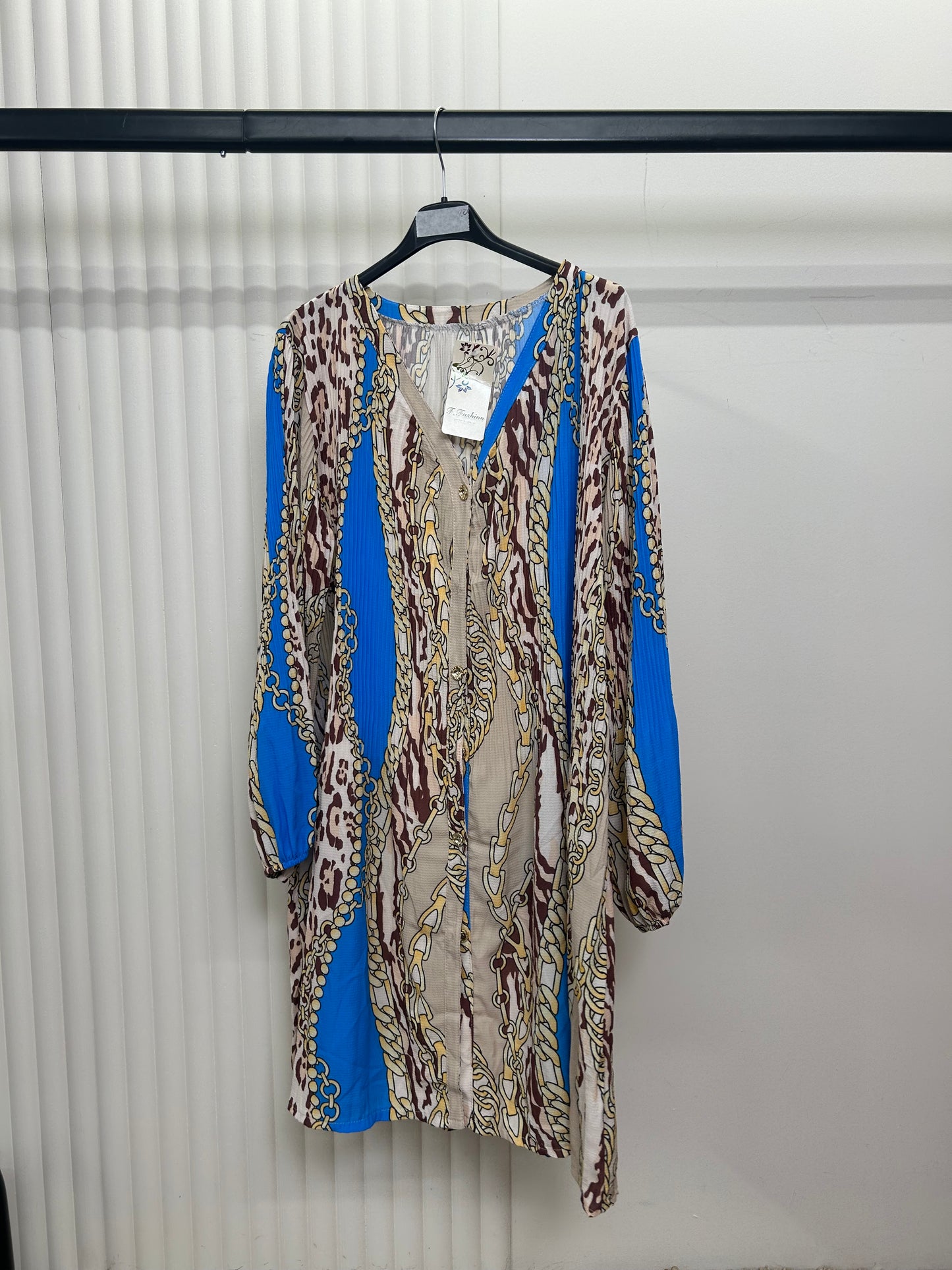 Pleated Print Tunic Shirt Dress – Relaxed Fit Button Front