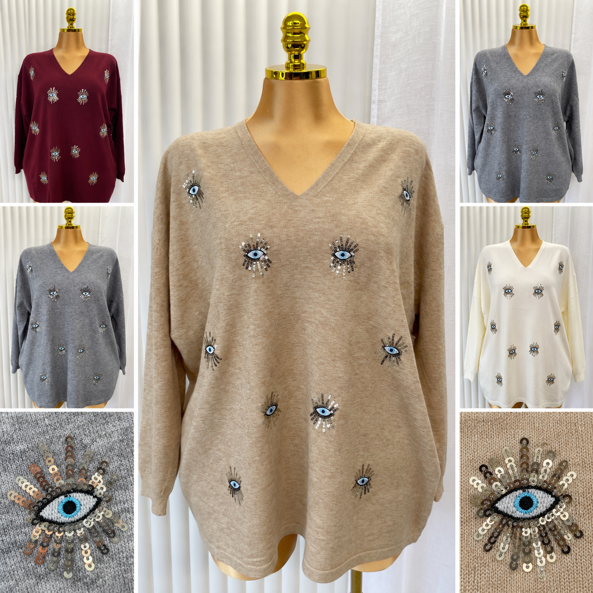 Sequin Eye Detail V-Neck Jumper - One size UK10-24 THICC FASHIONS Plus size Curve