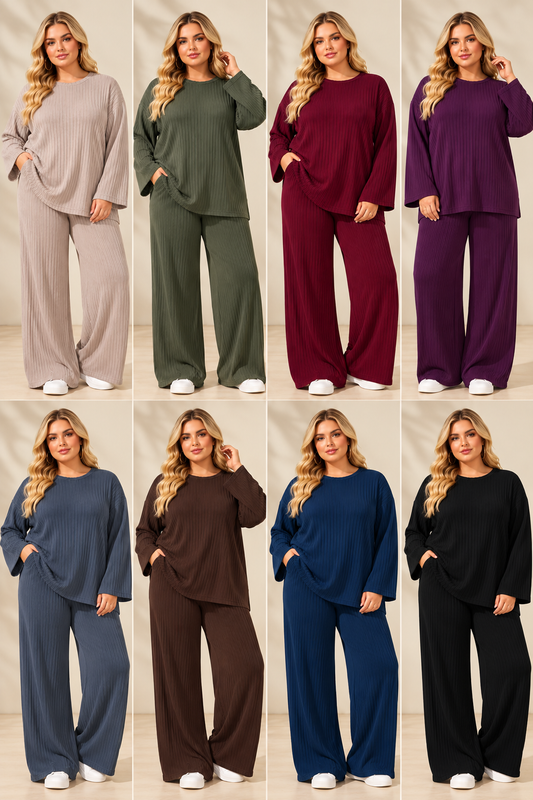 Ribbed 2 Piece Lounge Set – Wide Leg Trousers & Oversized Top | One Size UK10-24 Stretch Co-Ord Set THICC FASHIONS Curve Plus Size women’s