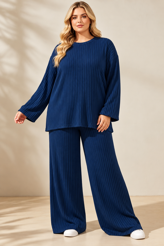 Ribbed 2 Piece Lounge Set – Wide Leg Trousers & Oversized Top | One Size UK10-24 Stretch Co-Ord Set THICC FASHIONS Curve Plus Size women’s