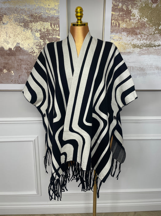 Abstract Stripe Fringed Knit Poncho – One Size