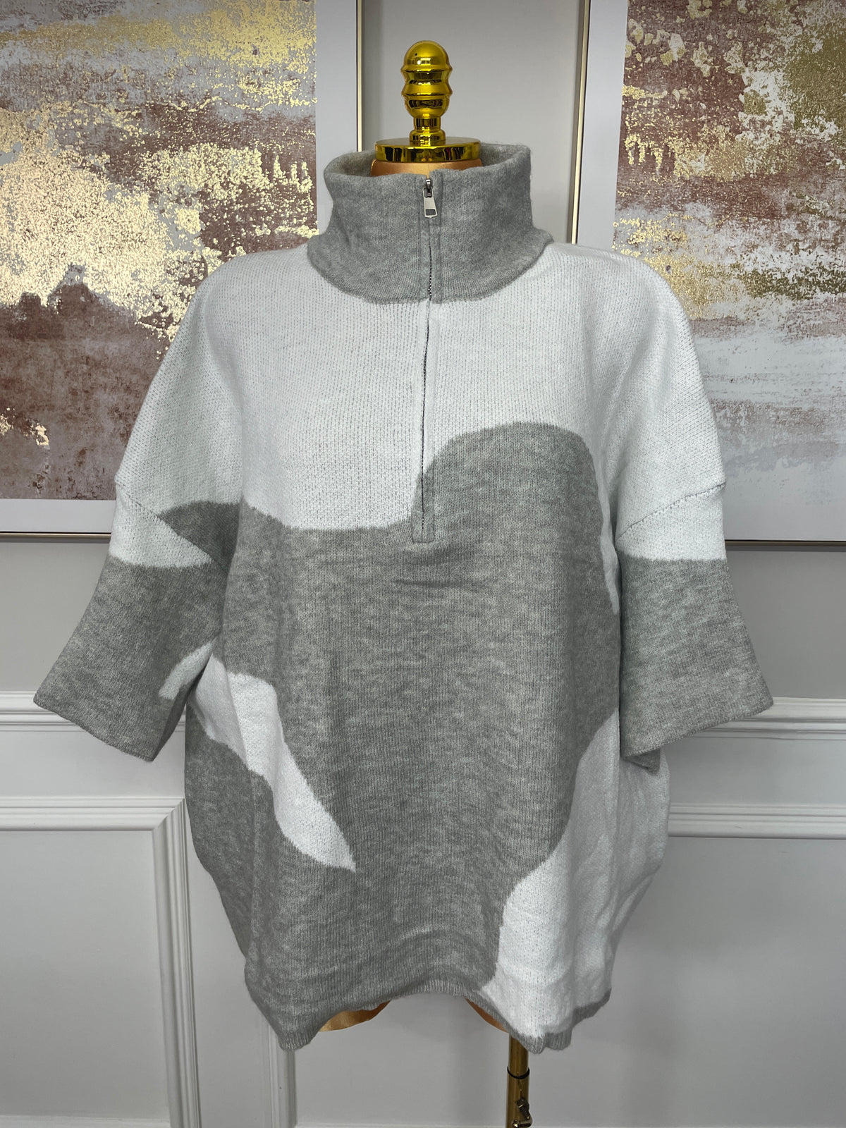 Abstract Print Half Zip Oversized Knit Jumper - One Size UK10-24 THICC FASHIONS PLUS SIZE CURVE WOMENS