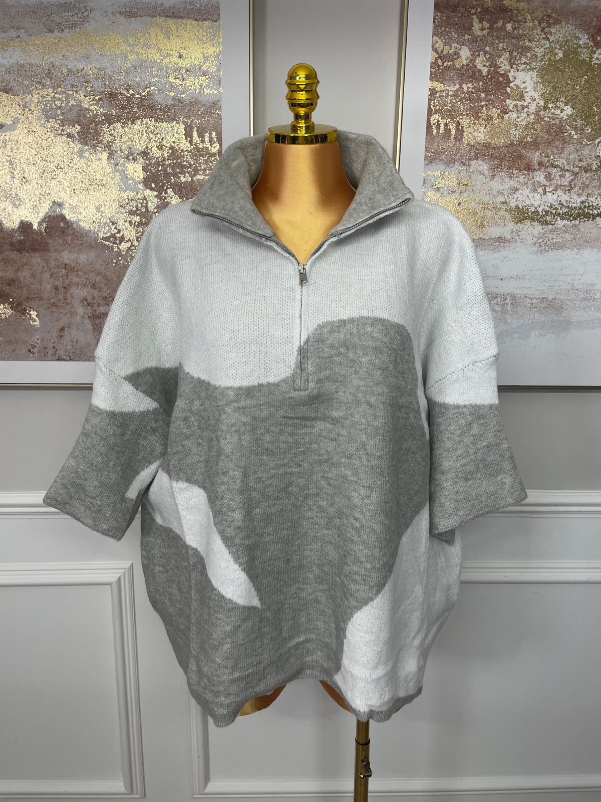 Abstract Print Half Zip Oversized Knit Jumper - One Size UK10-24 THICC FASHIONS PLUS SIZE CURVE WOMENS