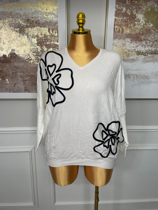 Floral Appliqué V-Neck Jumper - One Size UK10-22 THICC FASHIONS PLUS SIZE CURVE WOMENS